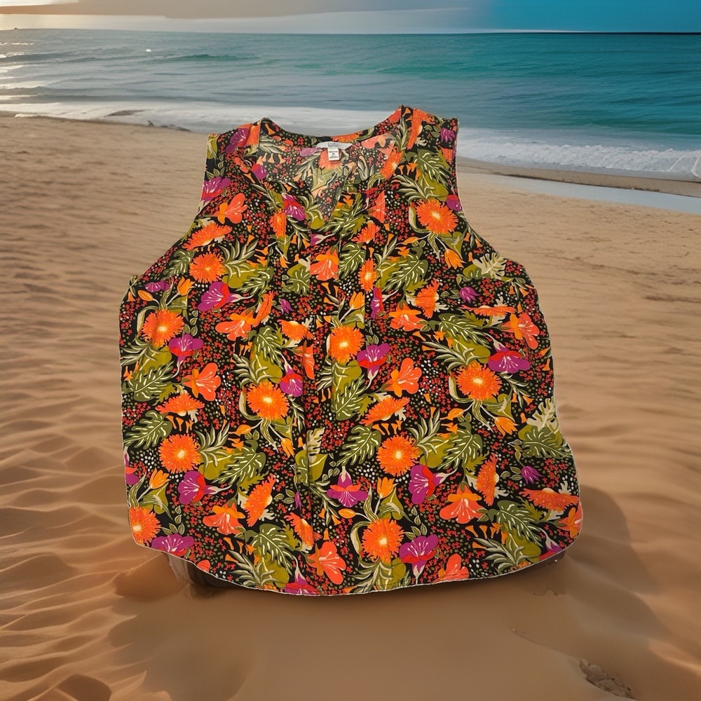 Croft & Barrow Womens 2X Floral Sleeveless Blouse Rayon Pleated Boho Plus Top